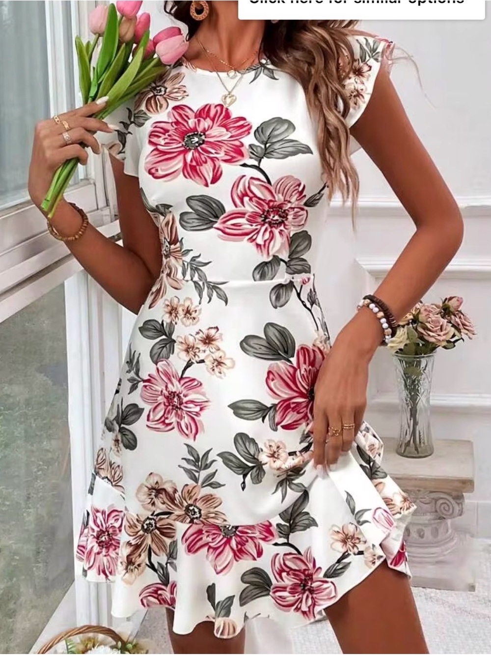 Floral White & Pink Fit-and-Flare Dress